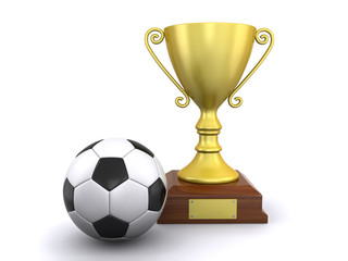 soccer ball and a trophy