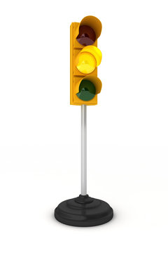 Yellow traffic light over white background
