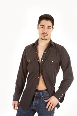 man with one button done on shirt