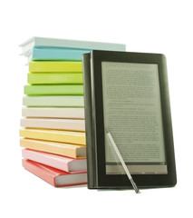 Stack of colorful books and electronic book reader