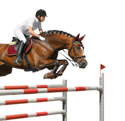 Young girl jumping with bay horse