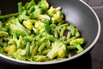 green vegetables on frying pan