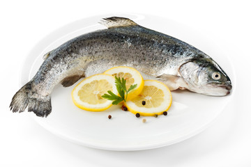 Fresh raw trout on white