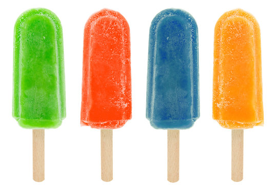 four colorful popsicles isolated on white background.