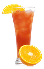 red cocktail with orange slice