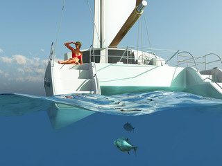 woman relaxing on yacht - obrazy, fototapety, plakaty