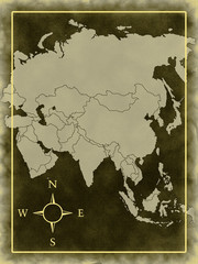 Map of Asia on the old background with a compass