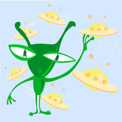 Fototapeta premium funny green alien character with ufo background