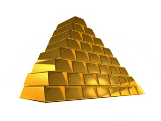 Stacks of pure gold bars on piles of bullion