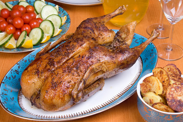 Roasted duck on the table..