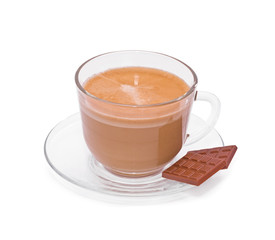Coffee in a glass cap and chocolate on the white