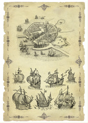 Town illustration with sailboats
