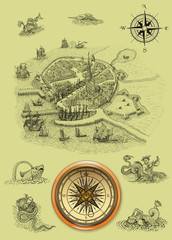 Old town illustration with compass