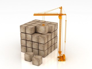 Crane builds a cube out of blocks