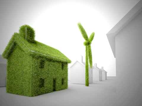 Green sustainable eco house with wind turbine
