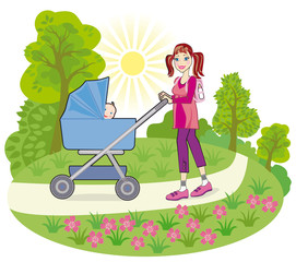 A young mother goes for a walk with a baby in a pram