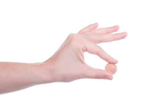 Five Euro Cent coin in female hand isolated