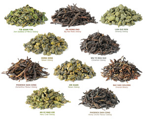 Isolated teas. Piles of 10 famous chinese oolong teas isolated on white background © ChaoticDesignStudio