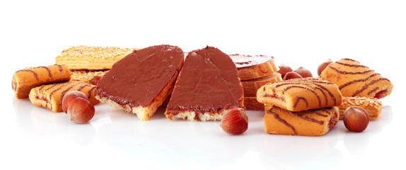 Bread, cookies and nuts with chocolate isolated on white