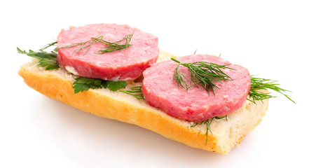 sausage on bread isolated on white