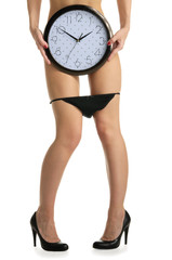 Female legs with panties deflated and round clock