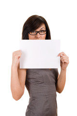 Business woman holding blank board