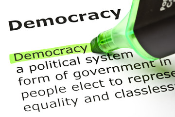 Dictionary definition of the word Democracy highlighted in green