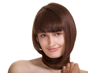 young woman with beautiful hair on white background