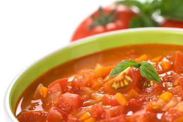 Chunky tomato soup made of tomatoes, carrots and onions