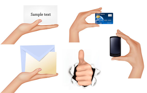 Set of hands holding different business objects. Vector