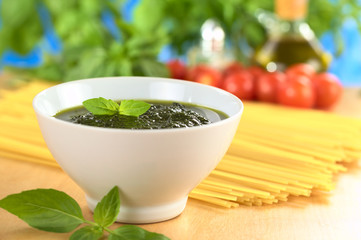 Fresh pesto made of basil, garlic and olive oil