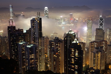 Hong Kong at foggy evening. View from The Peak