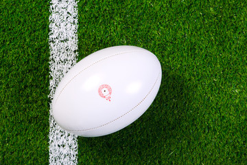 Rugby ball on grass from above.
