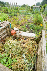 Autumnal compost bin in a vegetable garden