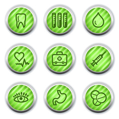 Medicine web icons set 1, green glossy circle buttons