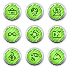 Travel web icons set 5, green glossy circle buttons