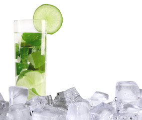 Mojito drink with ice cubes, isolated on white background