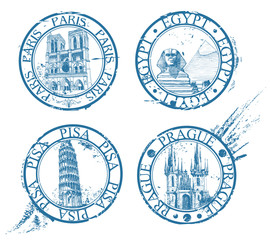 Ink travel stamps collection: Pisa, Paris, Prague, Egypt