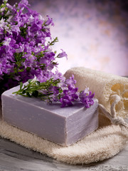 natural flower soap with scrub sponge