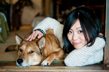 beautiful asian woman and dog