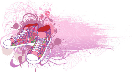 Abstract background with sneakers  and flowers.