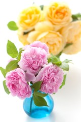 bouquets of pink and yellow roses