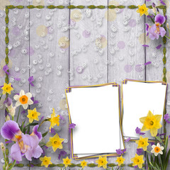 Old wooden background with frame and bunch of flower