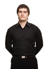 Young man in black shirt isolated on white background