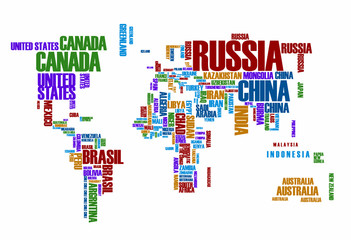 Fototapeta na wymiar Mapa świata: kontury kraju składa się ze słów