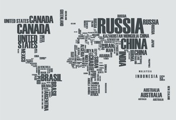 Obraz premium Mapa świata: kontury kraju składają się ze słów