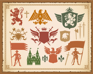 Heraldic set with lions, weapons and eagles