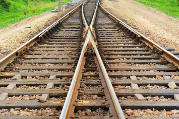 Fototapeta premium Rail Road Tracks - electrical. Looking down the train tracks