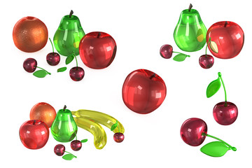 Glass Models of fruits on white background