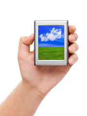Screen with landscape in hand